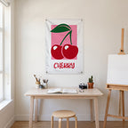 Bold Red Cherries Wall Flag in the art corner room mockup.
