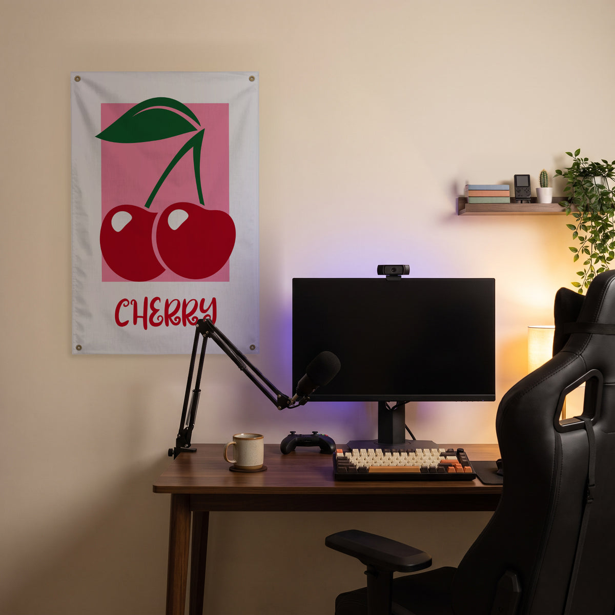 Bold Red Cherries Wall Flag in the streaming nook room mockup.