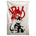 A black stencil-style rat in a cap and chain stands beside a boombox beneath red graffiti on this Wall Rebel fabric wall flag.