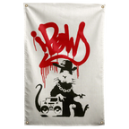 A black stencil-style rat in a cap and chain stands beside a boombox beneath red graffiti on this Wall Rebel fabric wall flag.