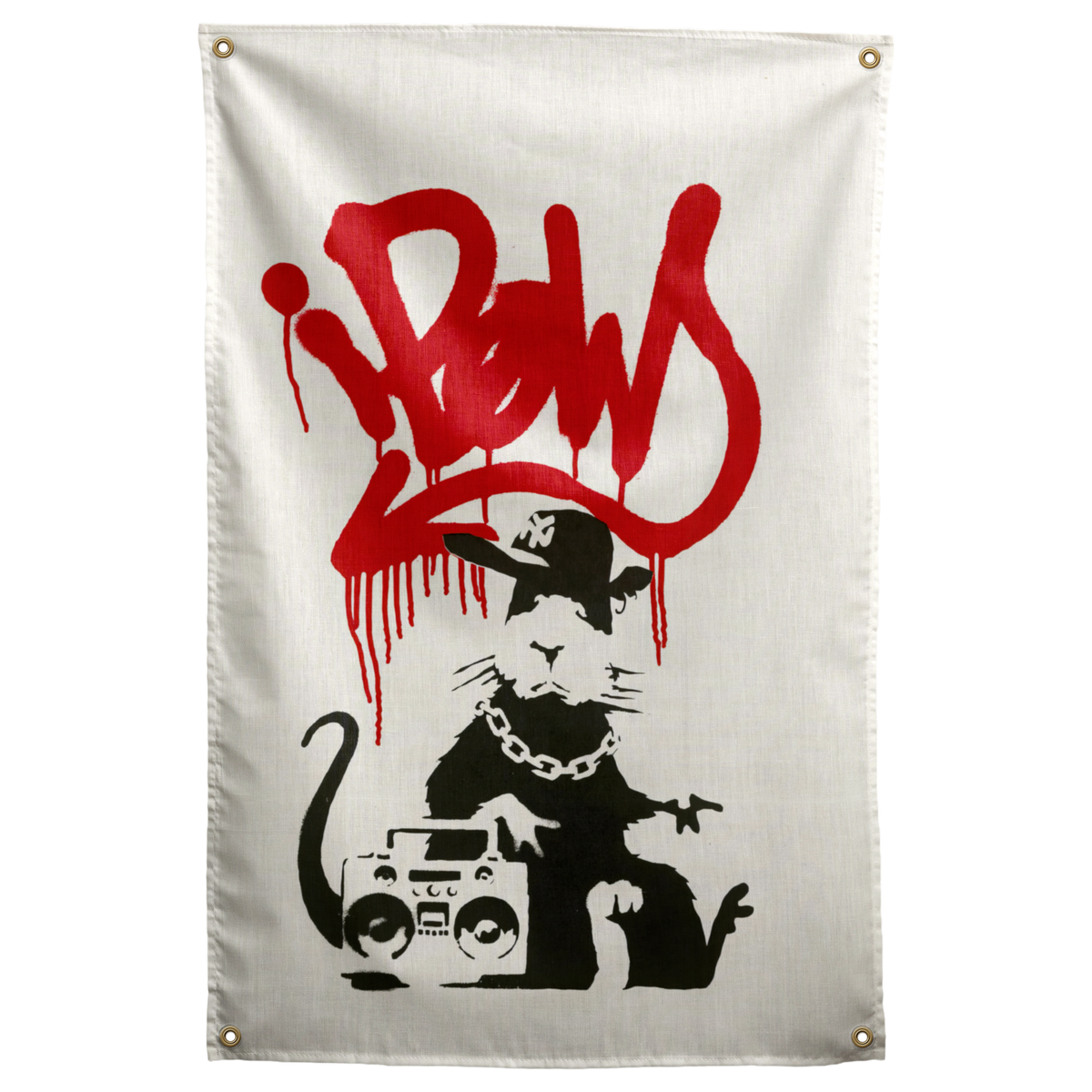 A black stencil-style rat in a cap and chain stands beside a boombox beneath red graffiti on this Wall Rebel fabric wall flag.