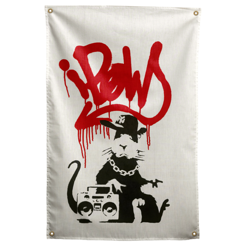 A black stencil-style rat in a cap and chain stands beside a boombox beneath red graffiti on this Wall Rebel fabric wall flag.