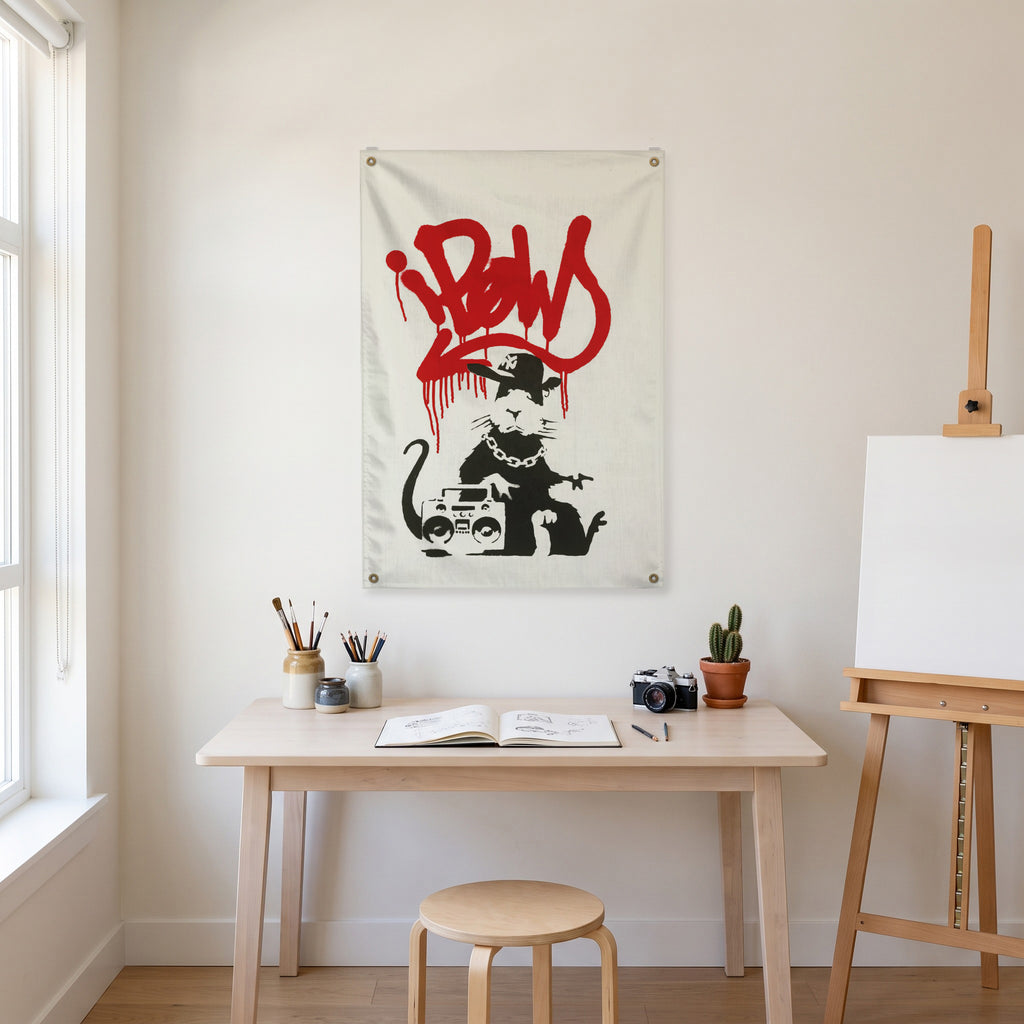 Boombox Rat Wall Flag in the art corner room mockup.
