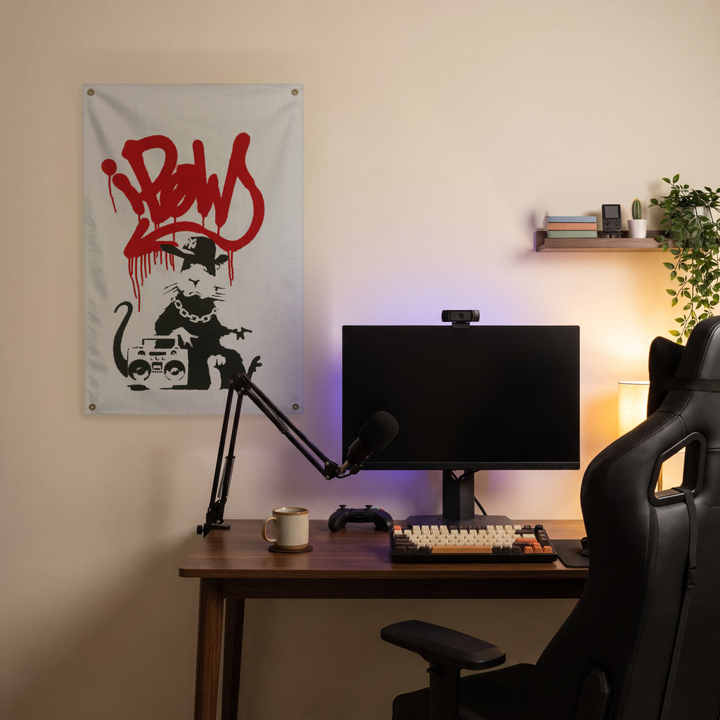 Boombox Rat Wall Flag in the streaming nook room mockup.