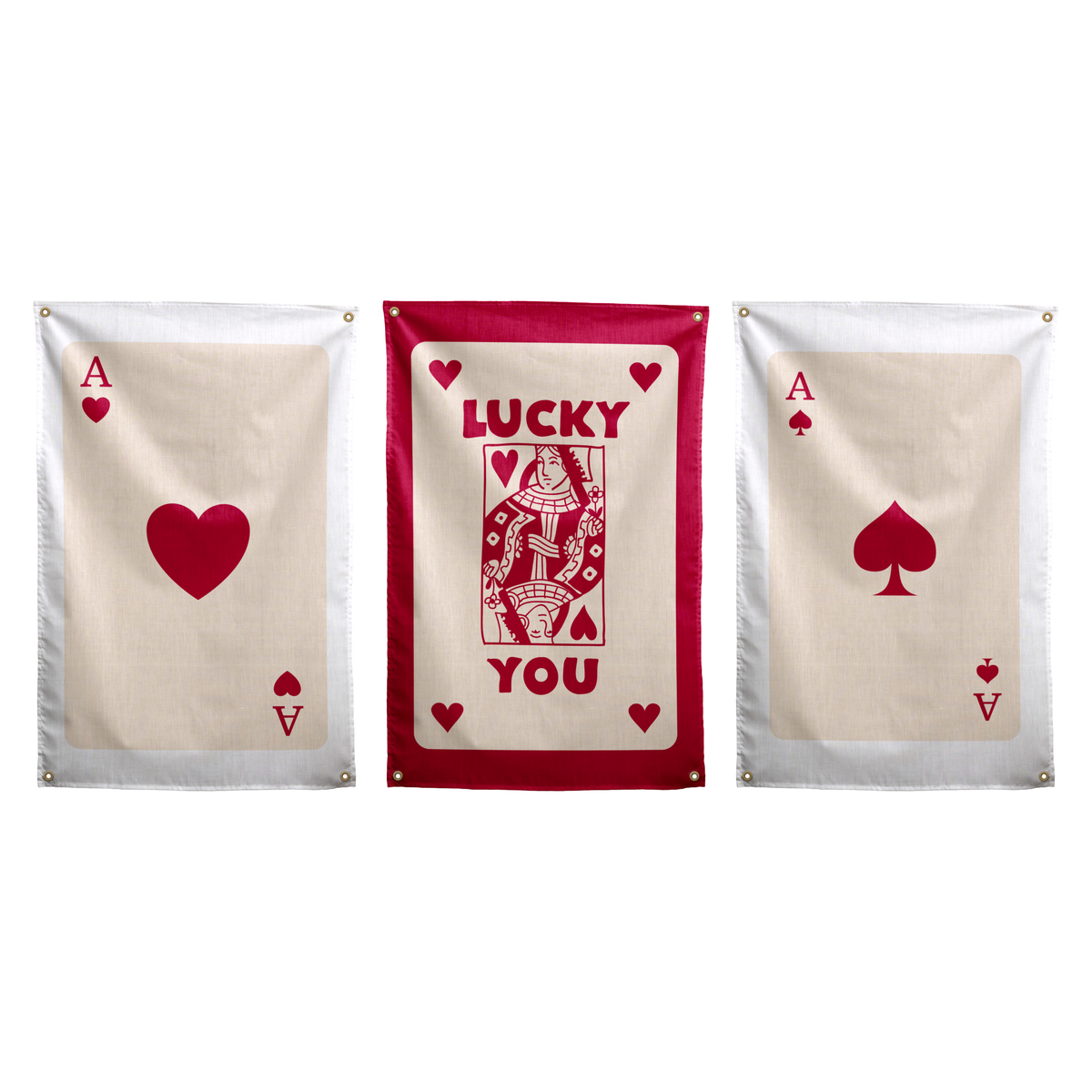 Burgundy set of three Wall Rebel wall flags: Ace of Hearts, Lucky You in the centre, and Ace of Spades.
