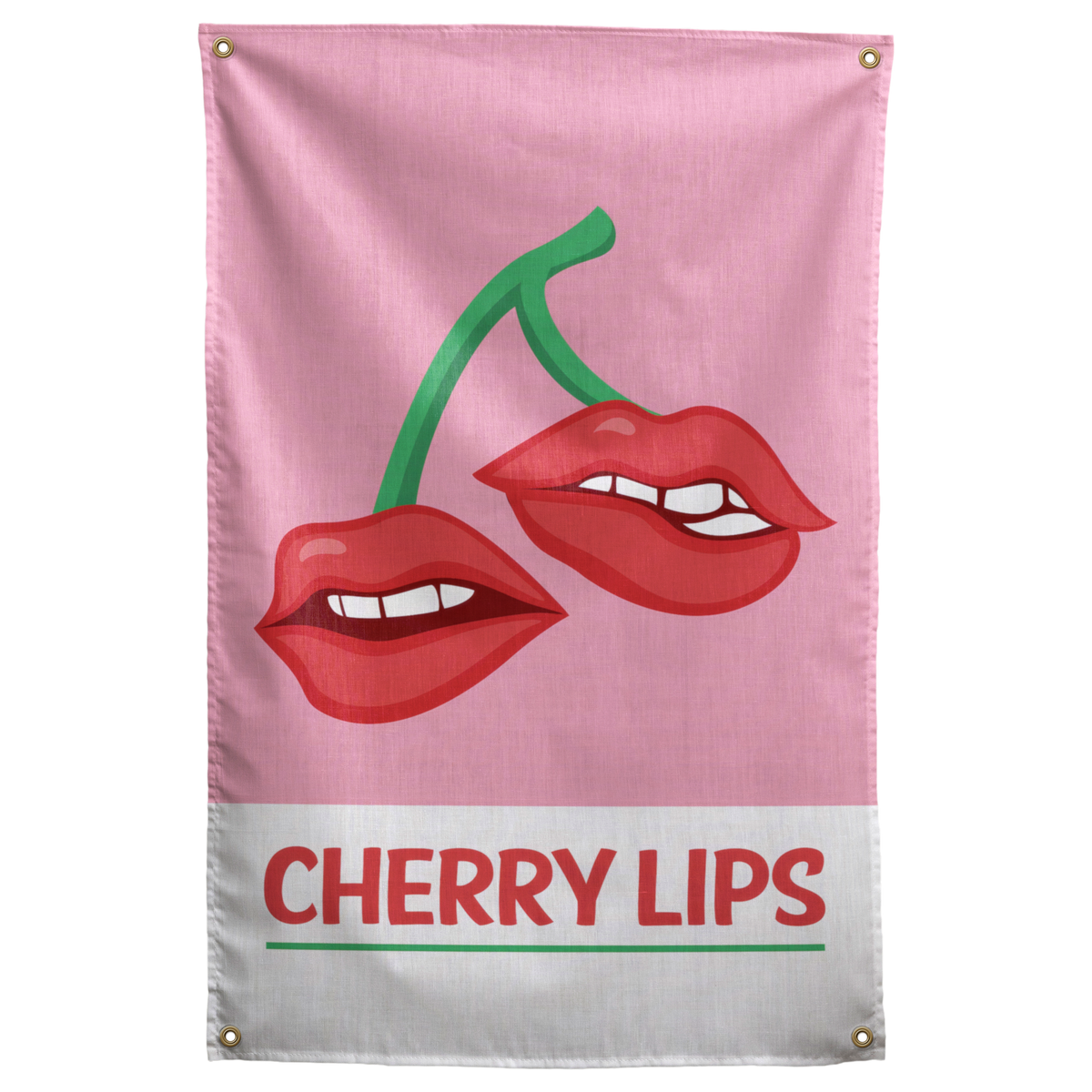 Two red lips hang like cherries from green stems above Cherry Lips lettering on this pink Wall Rebel fabric wall flag.