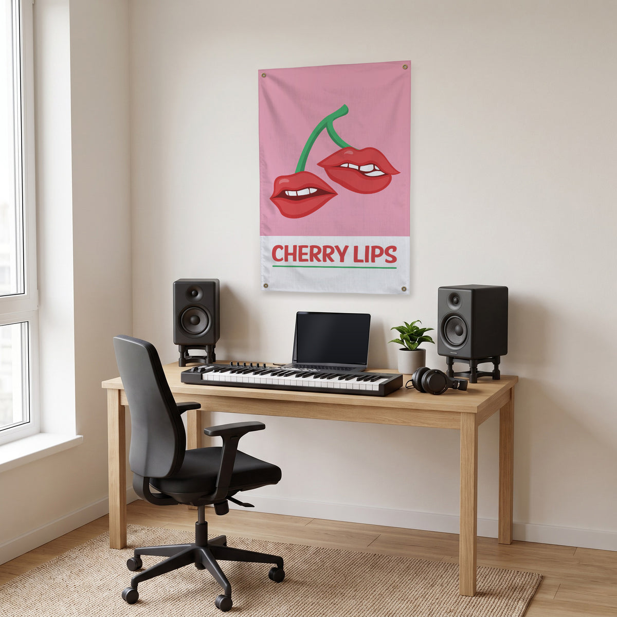Cherry Lips Wall Flag in the studio room mockup.
