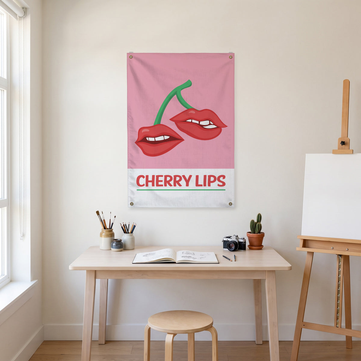 Cherry Lips Wall Flag in the art corner room mockup.