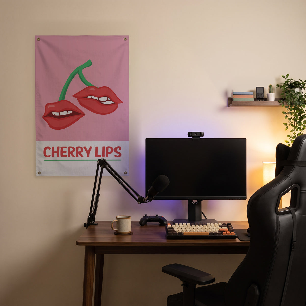 Cherry Lips Wall Flag in the streaming nook room mockup.