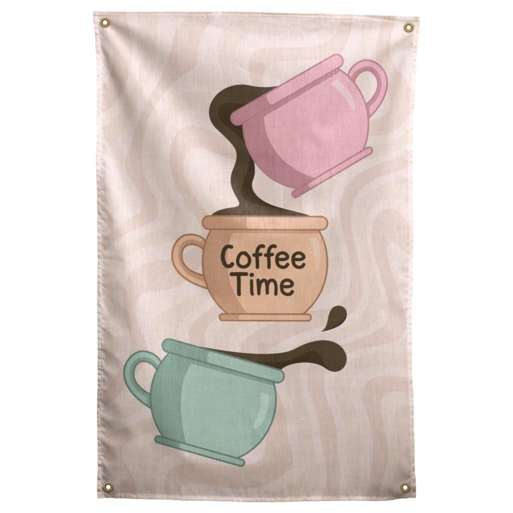 Pink, tan and mint coffee cups stack around Coffee Time lettering and curling steam on this Wall Rebel fabric wall flag.