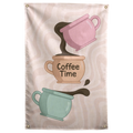Pink, tan and mint coffee cups stack around Coffee Time lettering and curling steam on this Wall Rebel fabric wall flag.