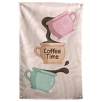 Pink, tan and mint coffee cups stack around Coffee Time lettering and curling steam on this Wall Rebel fabric wall flag.