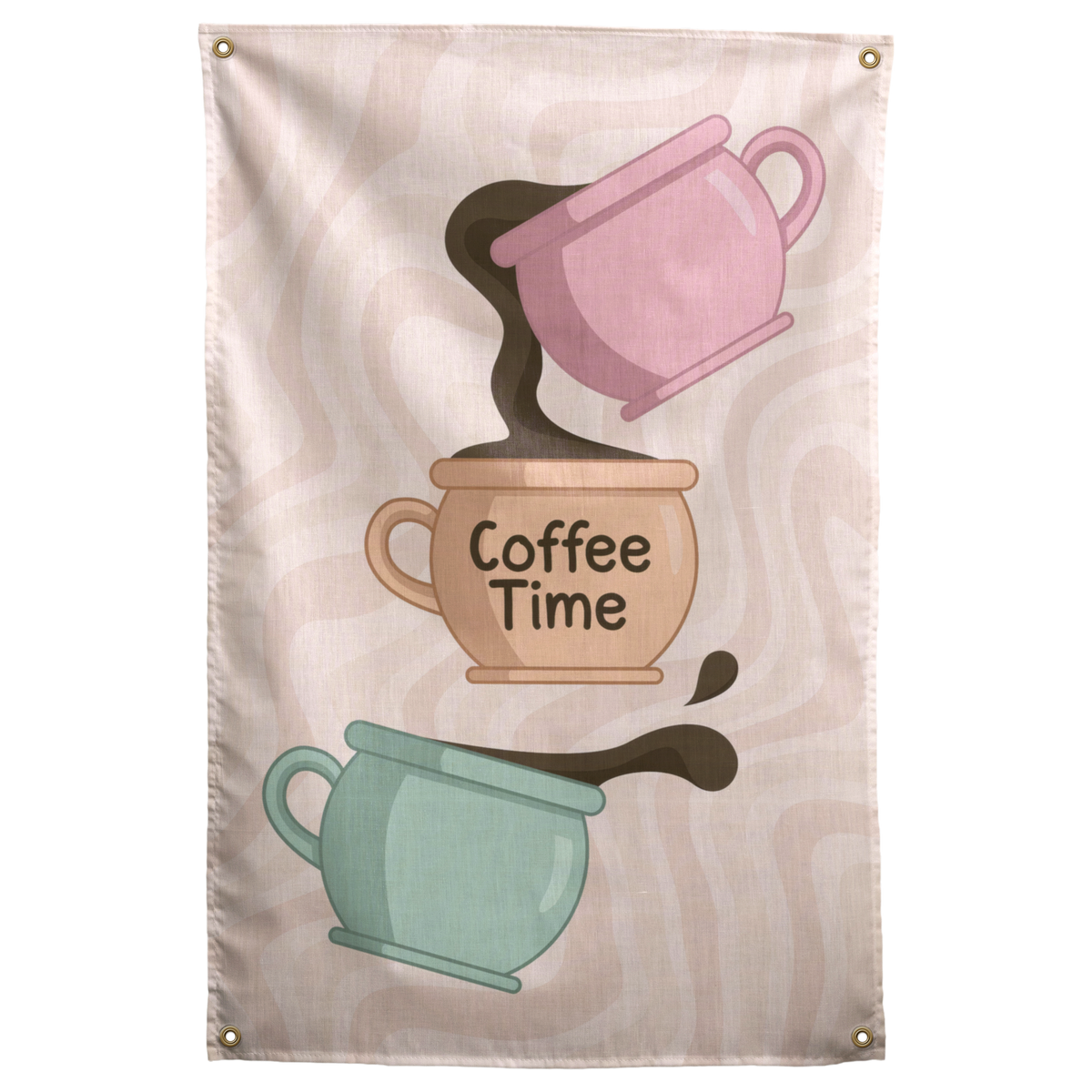 Pink, tan and mint coffee cups stack around Coffee Time lettering and curling steam on this Wall Rebel fabric wall flag.