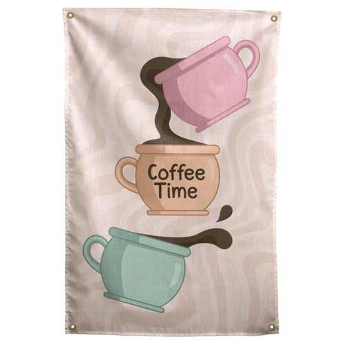 Pink, tan and mint coffee cups stack around Coffee Time lettering and curling steam on this Wall Rebel fabric wall flag.