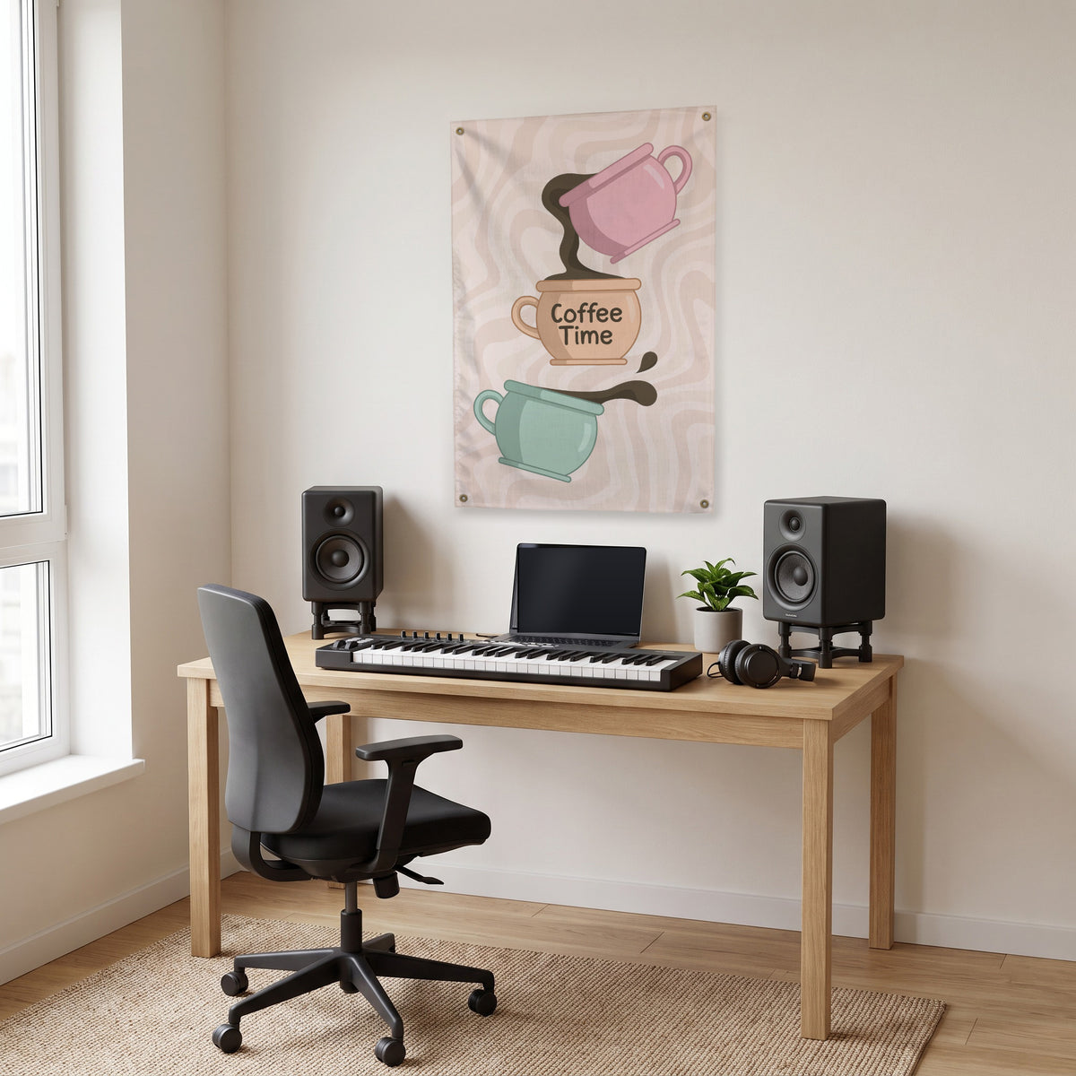 Coffee Time Cups Wall Flag in the studio room mockup.