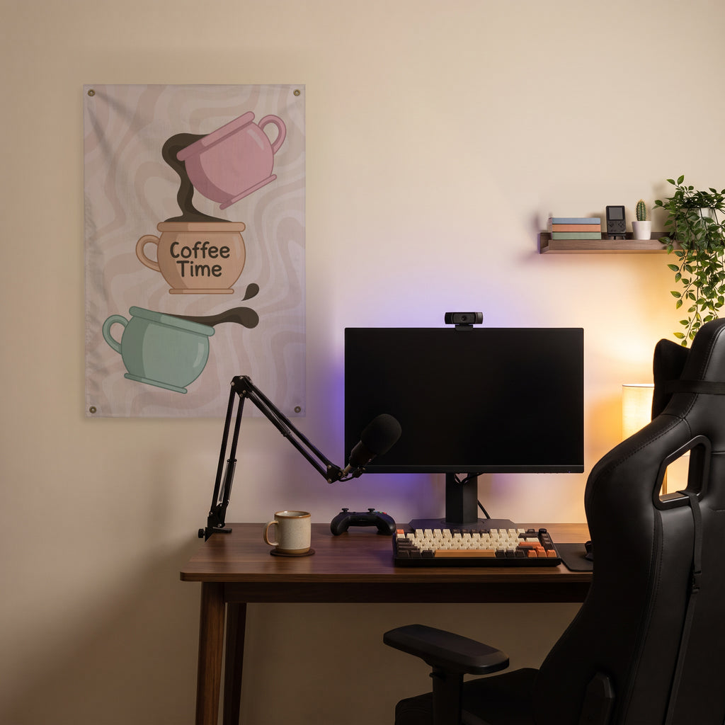 Coffee Time Cups Wall Flag in the streaming nook room mockup.