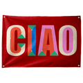 Tall multicoloured CIAO letters with small geometric inserts fill a red horizontal Wall Rebel fabric wall flag.