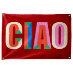 Tall multicoloured CIAO letters with small geometric inserts fill a red horizontal Wall Rebel fabric wall flag.