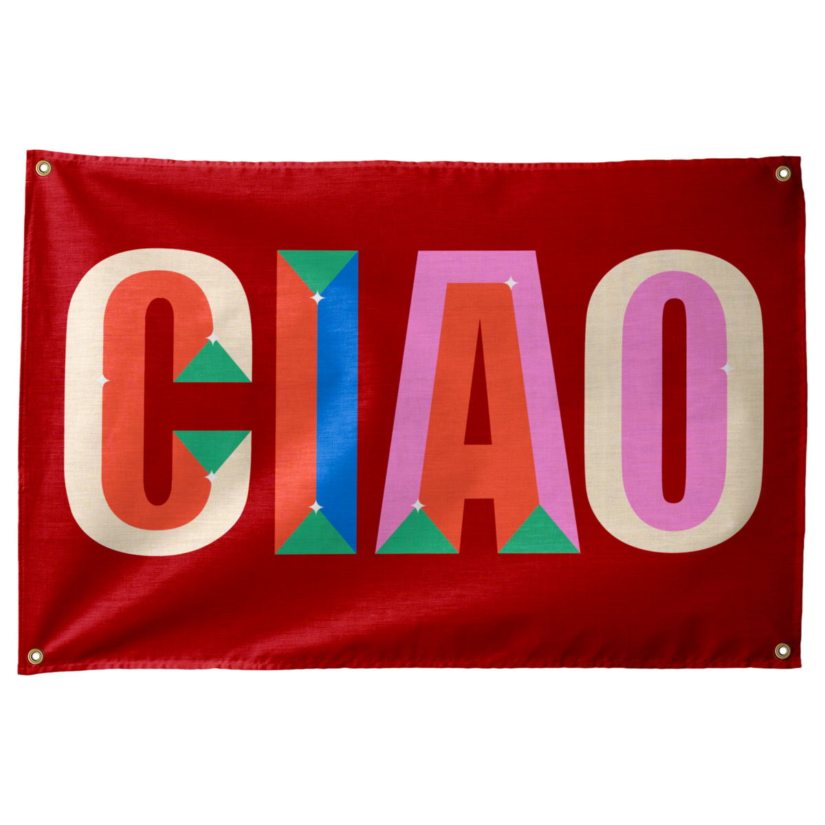 Tall multicoloured CIAO letters with small geometric inserts fill a red horizontal Wall Rebel fabric wall flag.