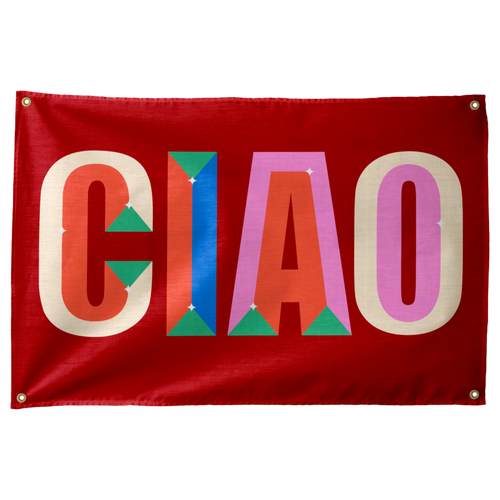 Tall multicoloured CIAO letters with small geometric inserts fill a red horizontal Wall Rebel fabric wall flag.