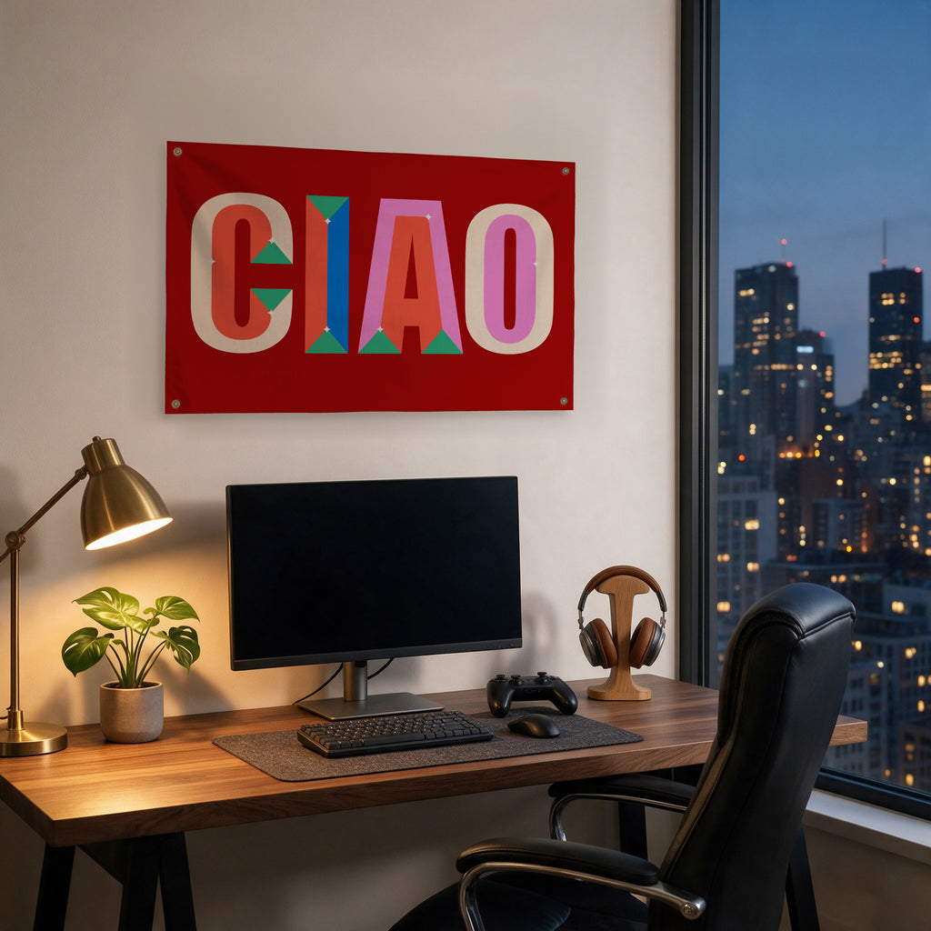 Colour Block Ciao Wall Flag in the gaming room mockup.