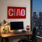 Colour Block Ciao Wall Flag in the gaming room mockup.