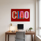 Colour Block Ciao Wall Flag in the clean desk room mockup.