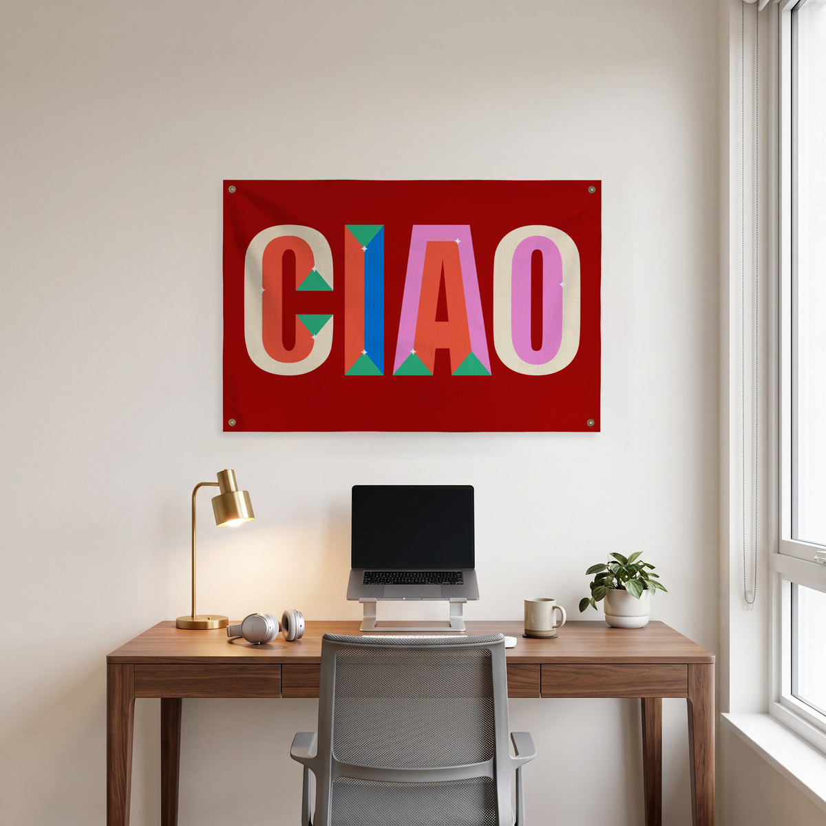 Colour Block Ciao Wall Flag in the clean desk room mockup.