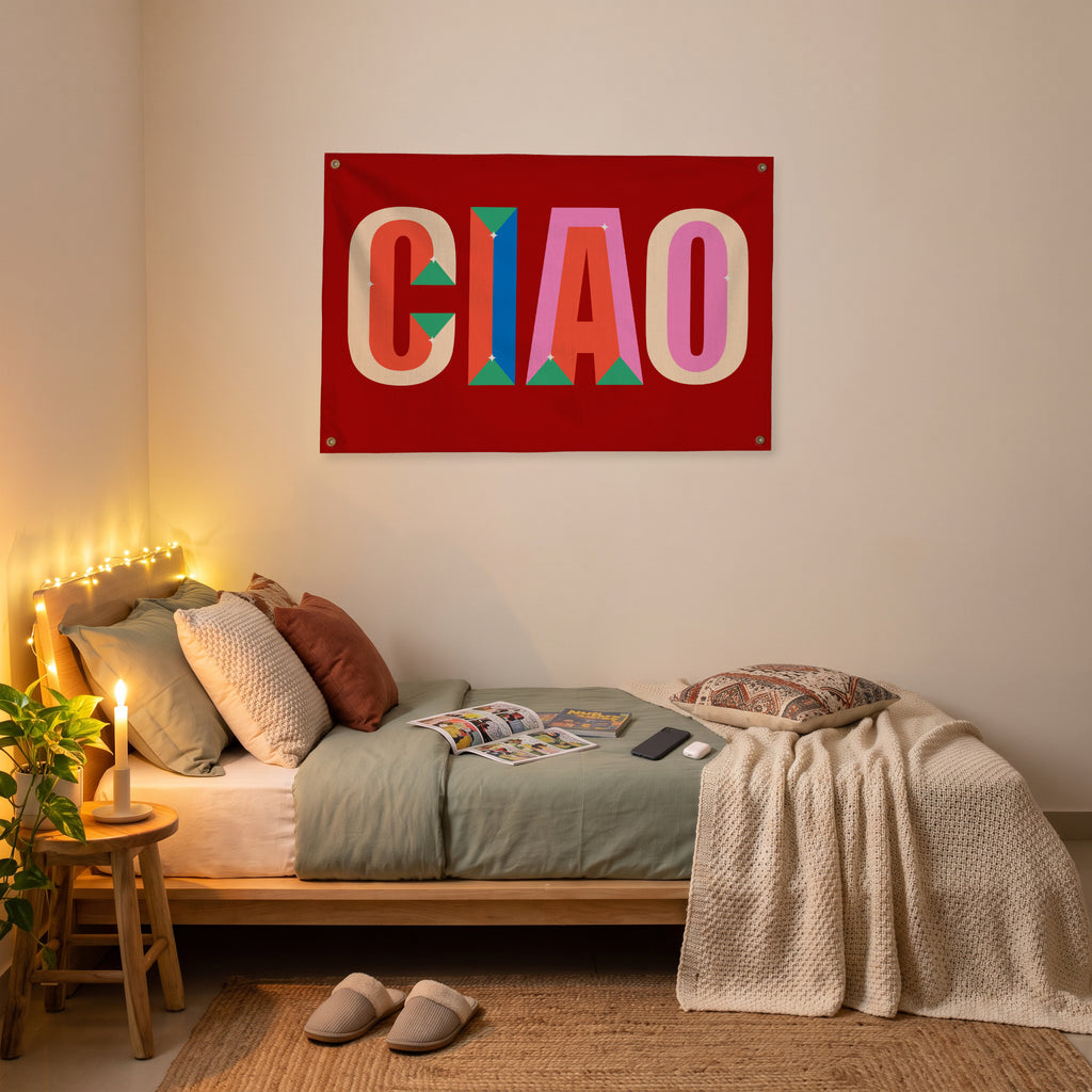 Colour Block Ciao Wall Flag in the platform bed room mockup.