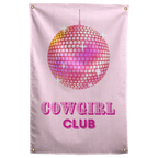 A pink mirrored disco ball hangs over COWGIRL CLUB lettering against a pale pink background on a Wall Rebel fabric wall flag.