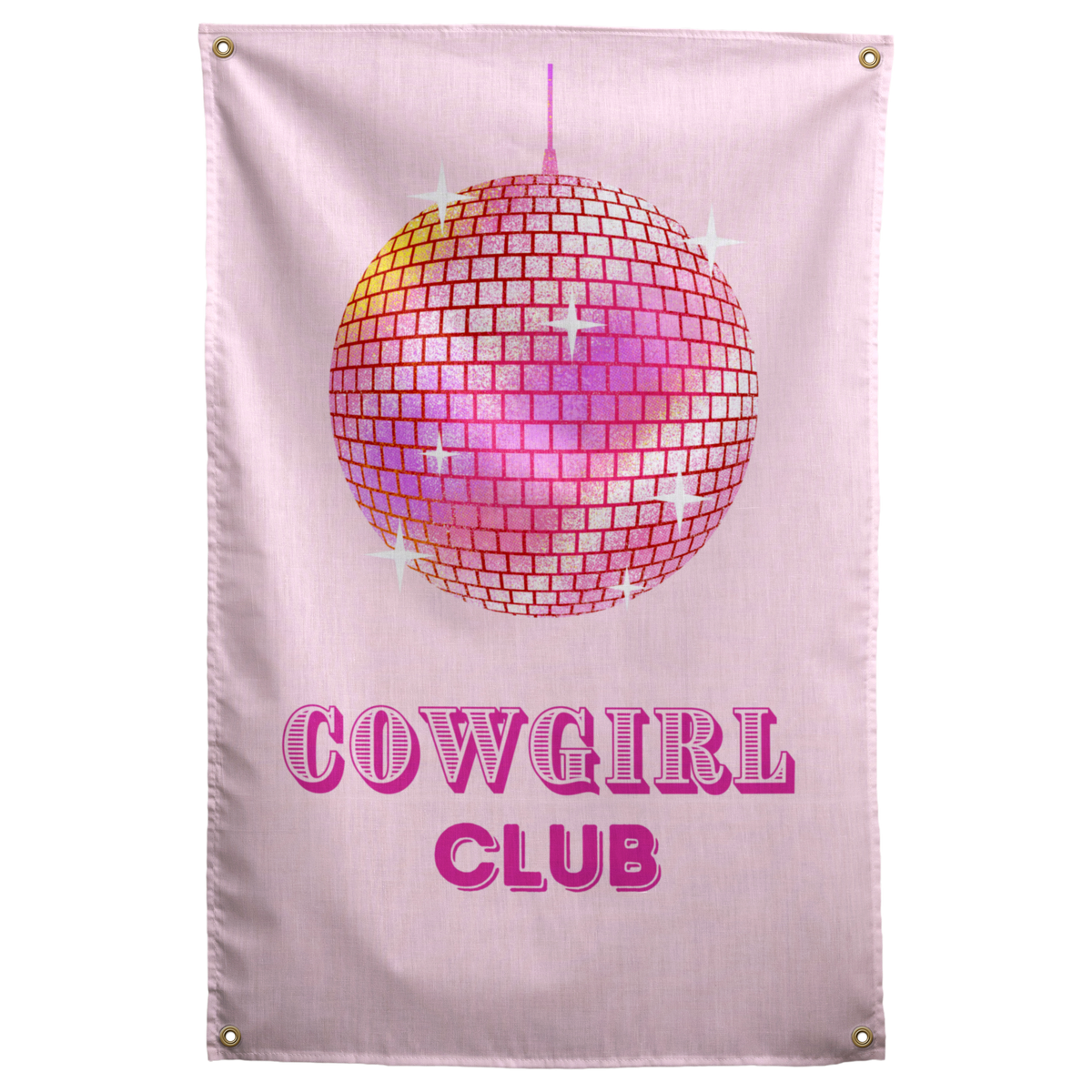 A pink mirrored disco ball hangs over COWGIRL CLUB lettering against a pale pink background on a Wall Rebel fabric wall flag.