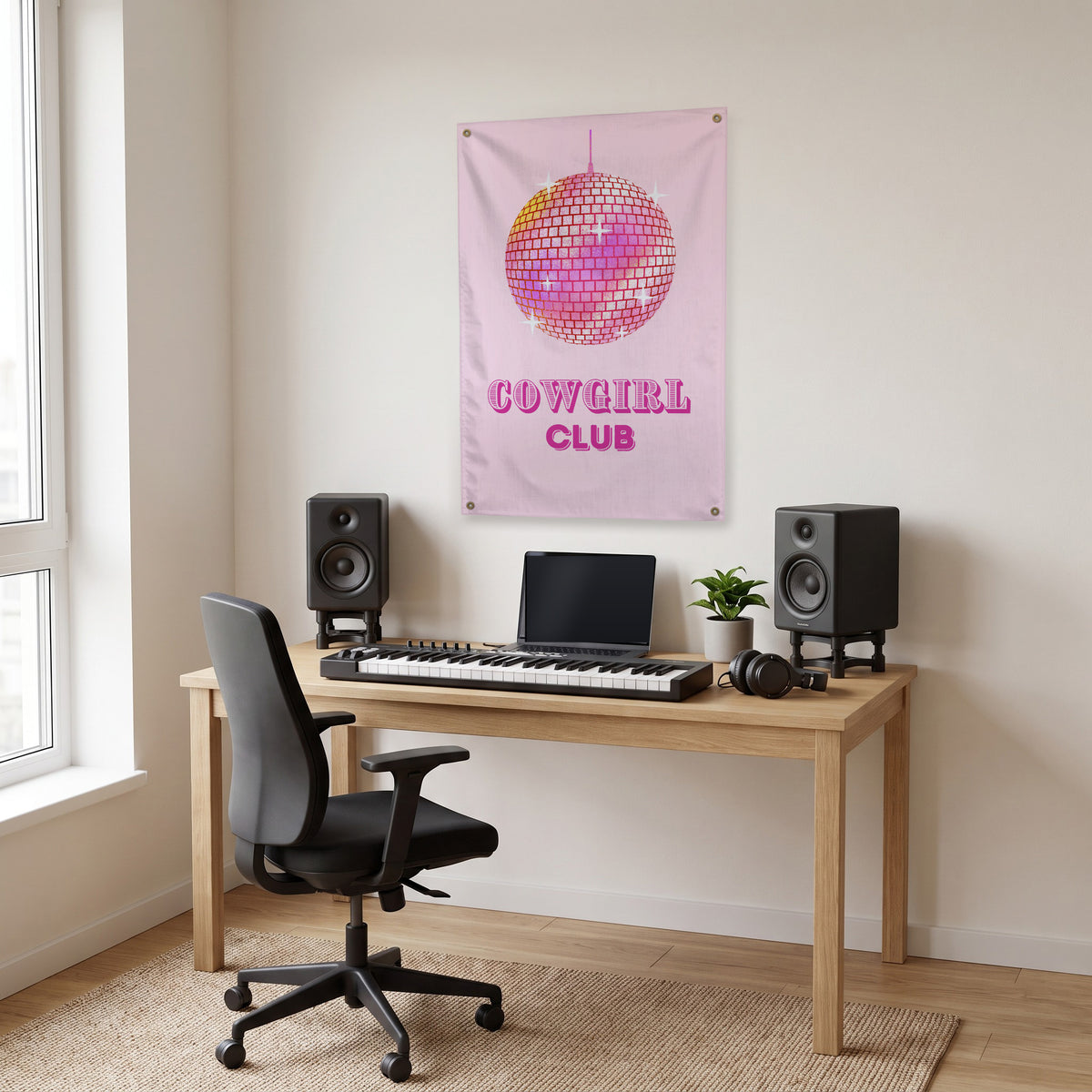 Cowgirl Club Disco Ball Wall Flag in the studio room mockup.