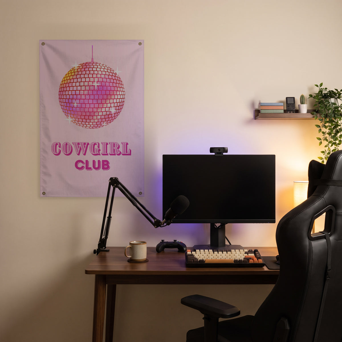 Cowgirl Club Disco Ball Wall Flag in the streaming nook room mockup.