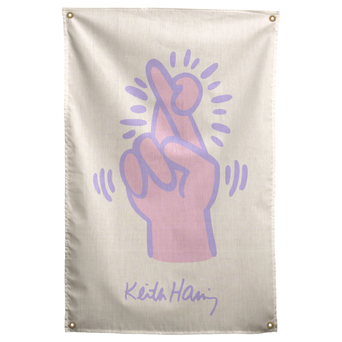 A pale pink hand outlined in purple crosses two fingers with radiating marks on this cream Wall Rebel fabric wall flag.