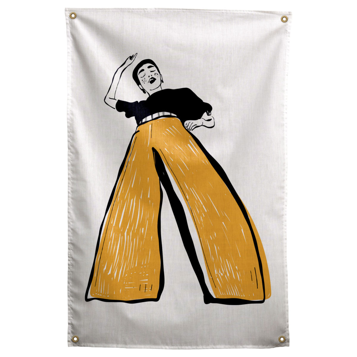 A black-and-white dancer raises one arm above oversized mustard-yellow trousers on a pale background on a Wall Rebel fabric wall flag.