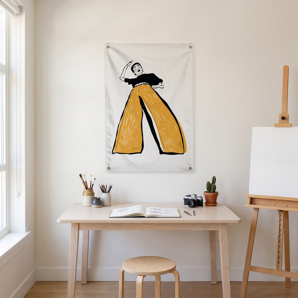 Dancer in Oversized Yellow Trousers Wall Flag in the art corner room mockup.