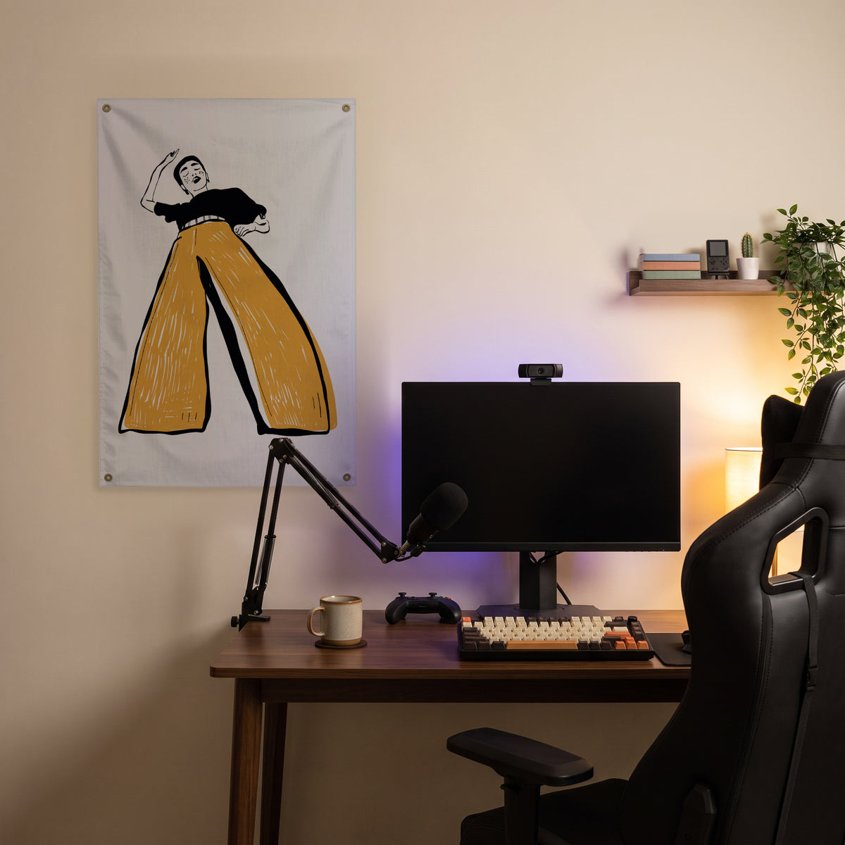 Dancer in Oversized Yellow Trousers Wall Flag in the streaming nook room mockup.