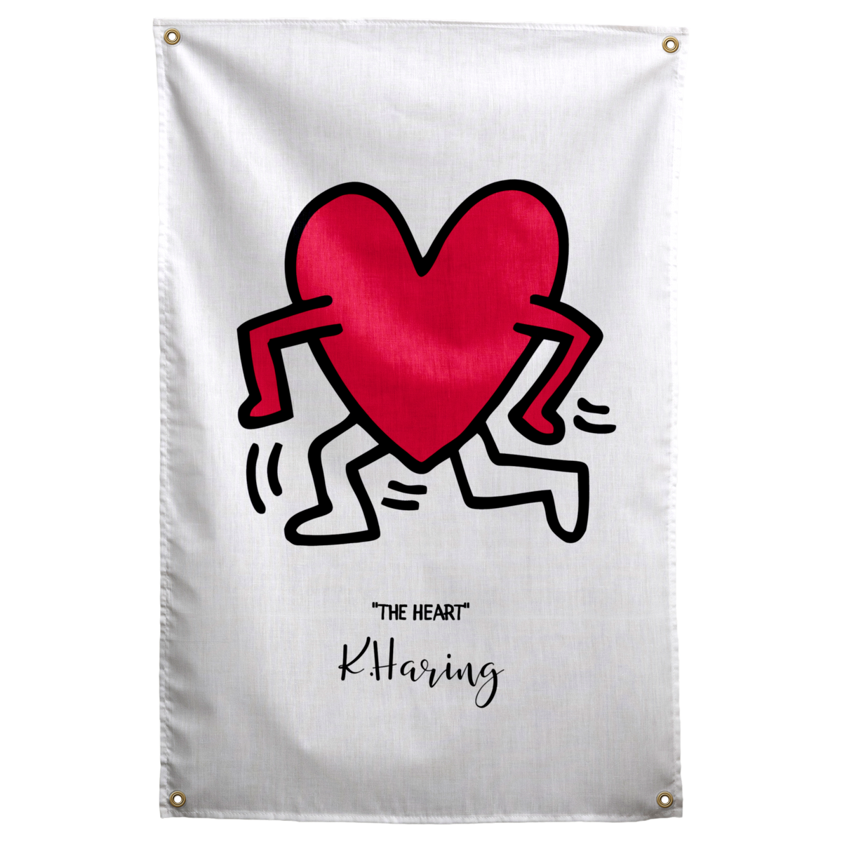 A red heart with black outlined arms and legs dances above small THE HEART lettering on pale cream on a Wall Rebel fabric wall flag.