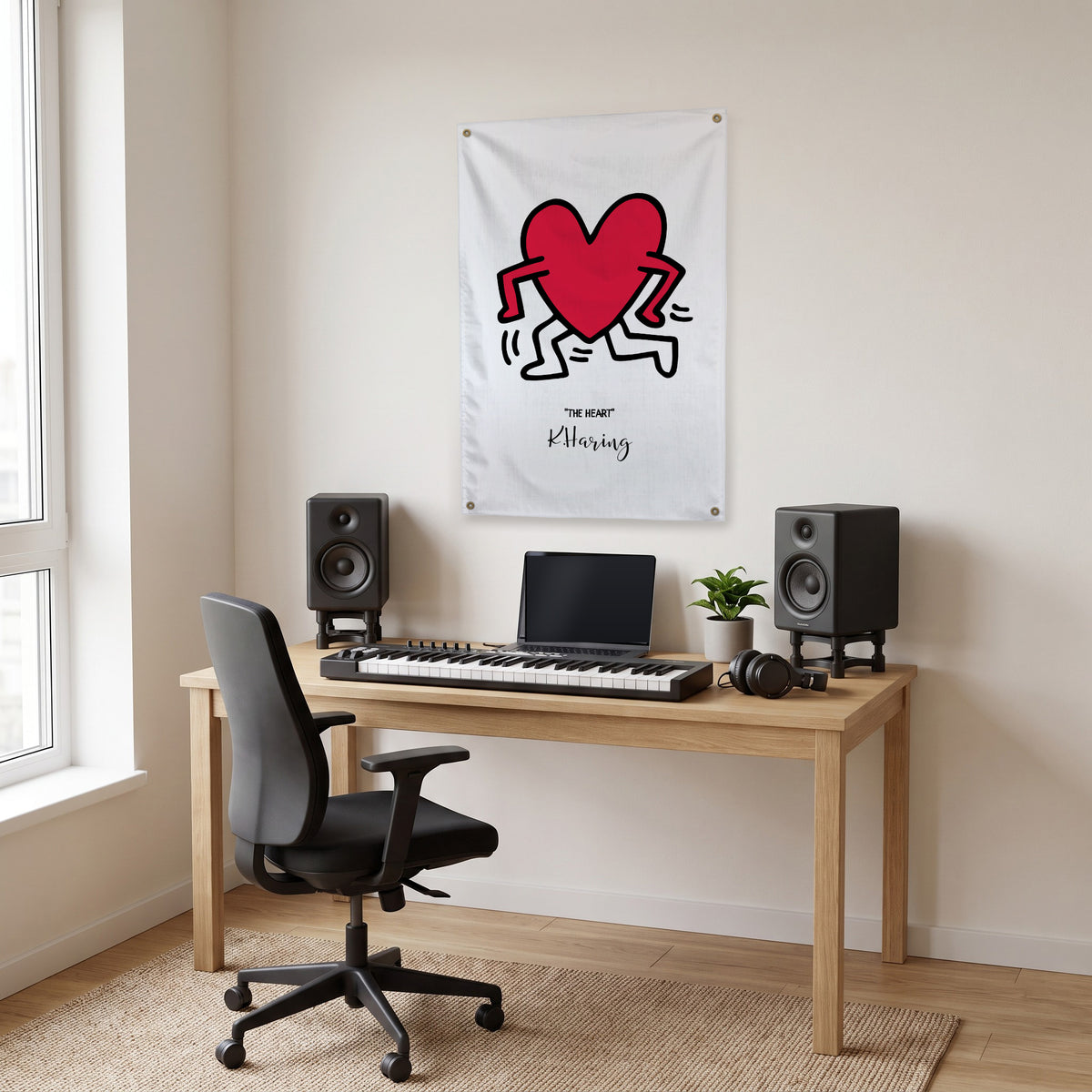 Dancing Red Heart Wall Flag in the studio room mockup.