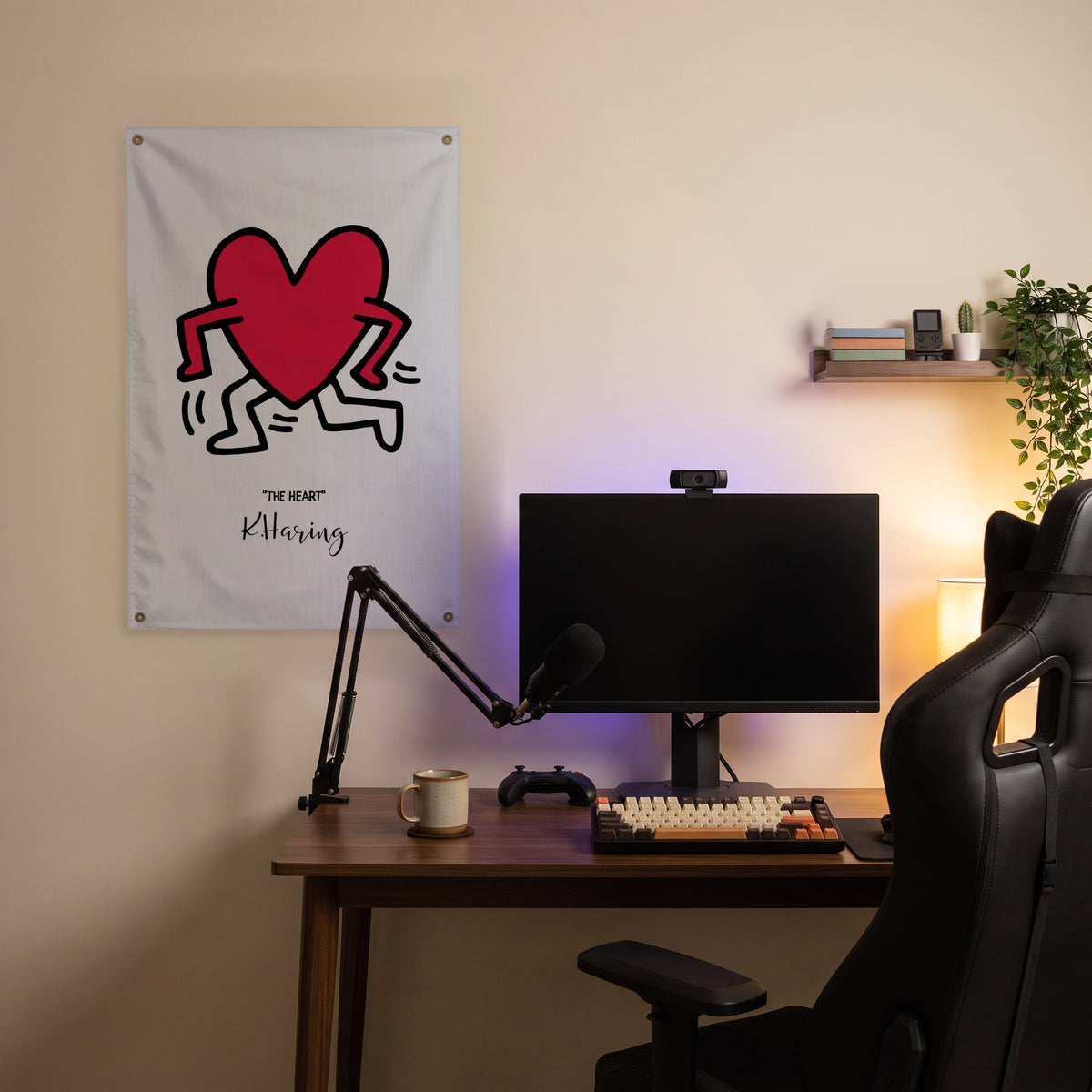 Dancing Red Heart Wall Flag in the streaming nook room mockup.