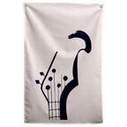 A dark stylised bass headstock rises above visible strings and tuning pegs on a pale peach ground on a Wall Rebel fabric wall flag.