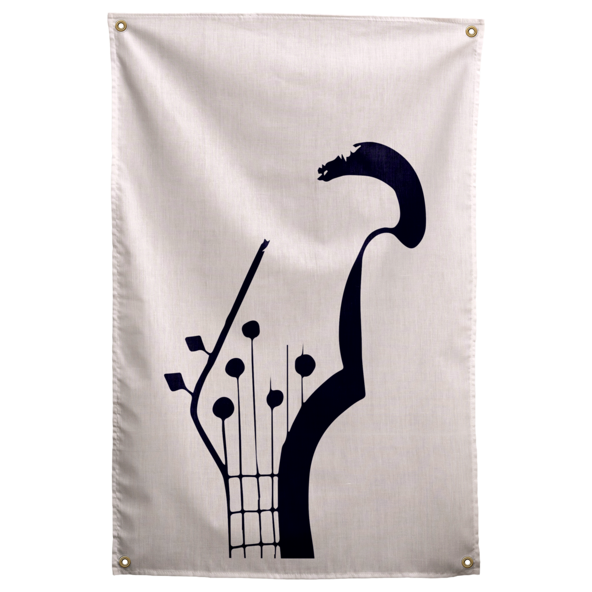 A dark stylised bass headstock rises above visible strings and tuning pegs on a pale peach ground on a Wall Rebel fabric wall flag.