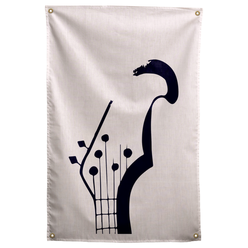 A dark stylised bass headstock rises above visible strings and tuning pegs on a pale peach ground on a Wall Rebel fabric wall flag.