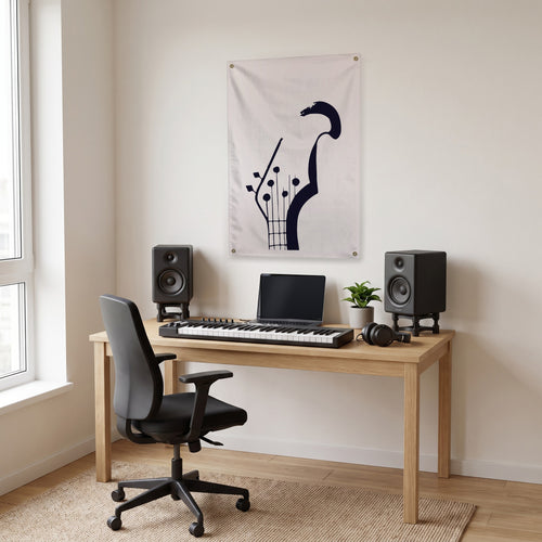 Dark Bass Headstock Wall Flag in the studio room mockup.