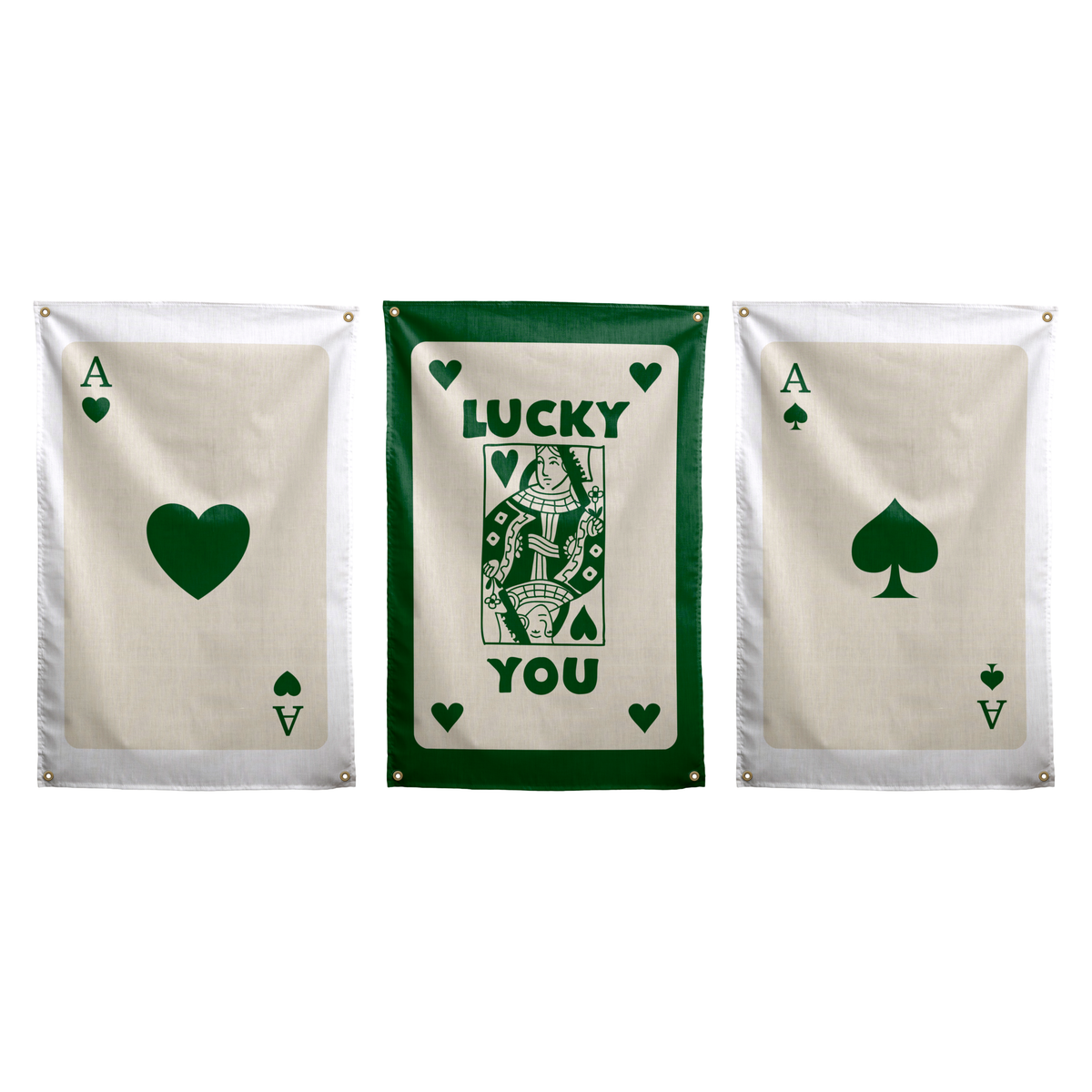 Dark Green set of three Wall Rebel wall flags: Ace of Hearts, Lucky You in the centre, and Ace of Spades.