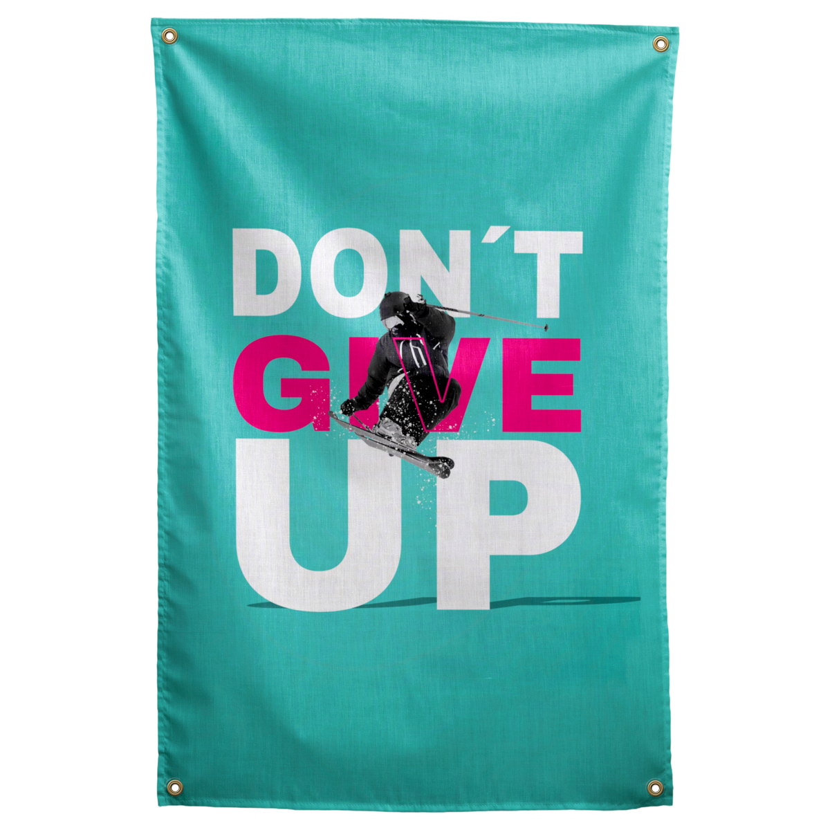 A black-clad skier jumps across pink and white Don't Give Up words on turquoise in this energetic Wall Rebel fabric wall flag.
