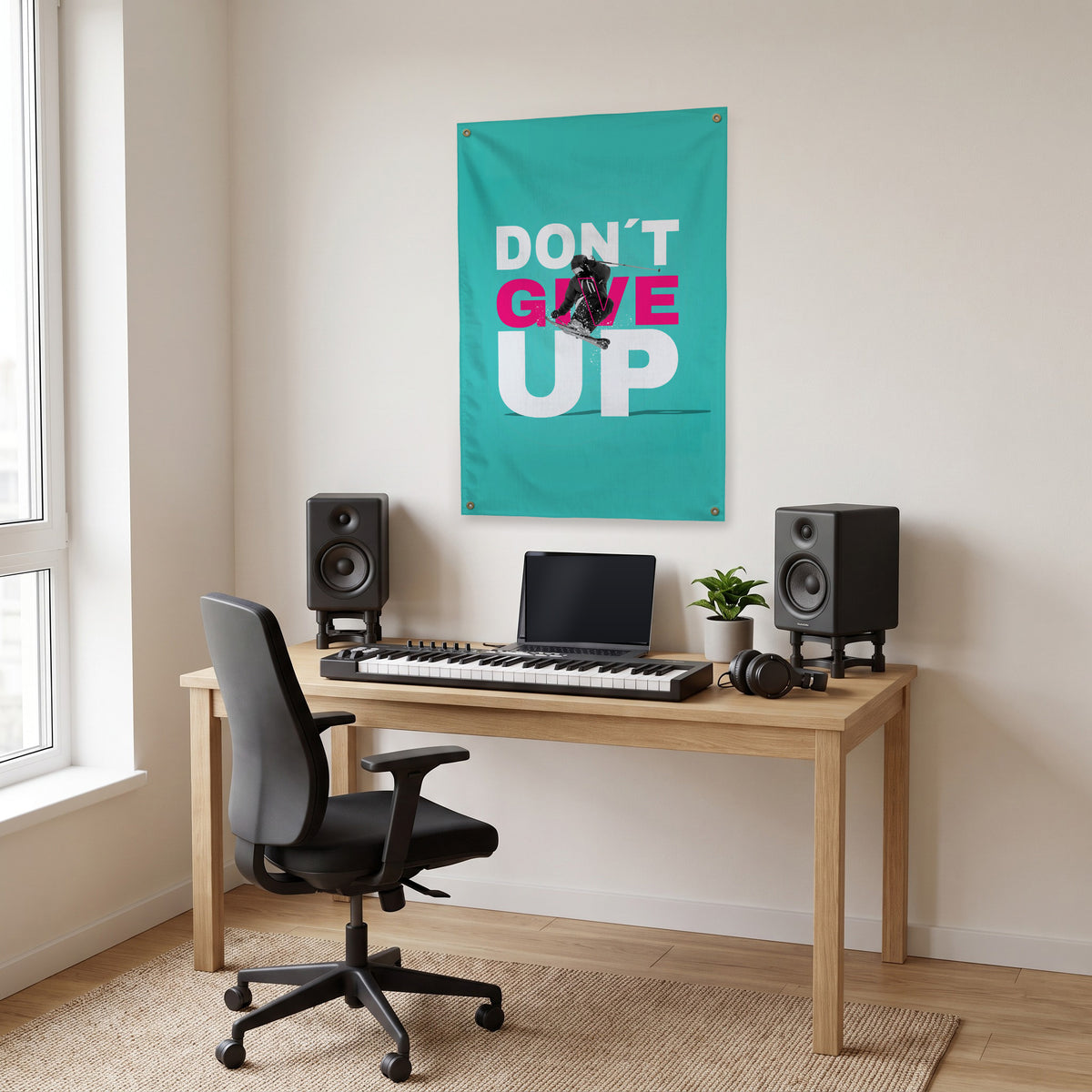 Don't Give Up Skier Wall Flag in the studio room mockup.