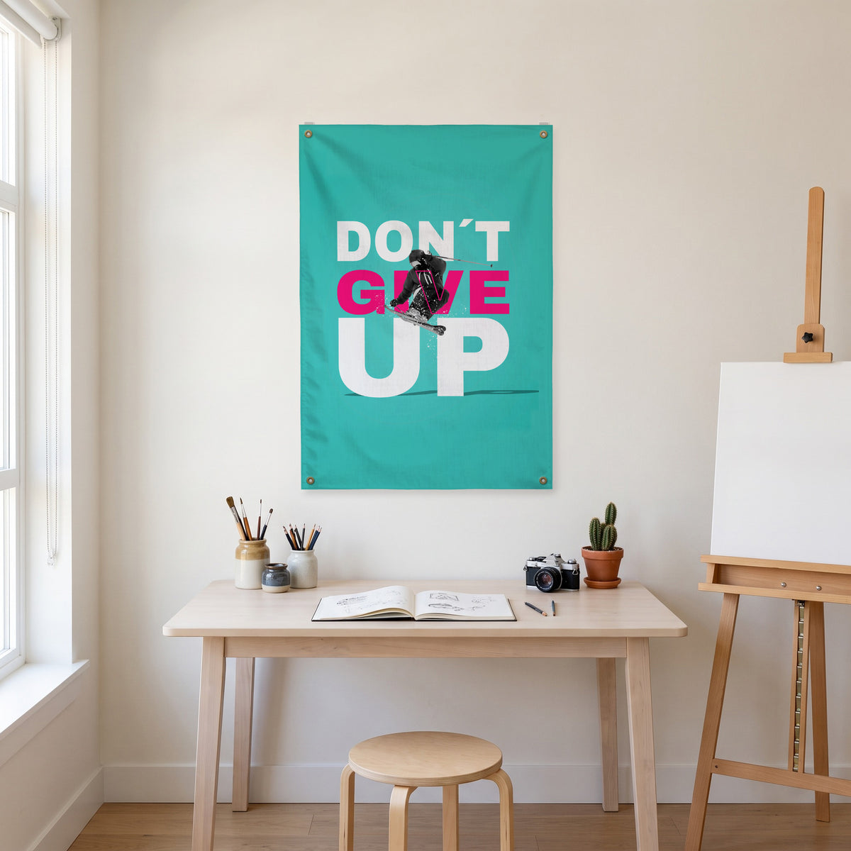 Don't Give Up Skier Wall Flag in the art corner room mockup.