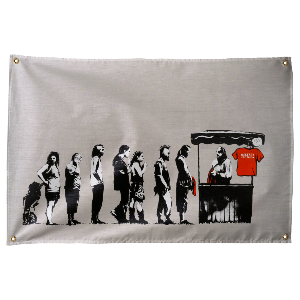 A black stencil-style evolution sequence ends at a counter with a bright red shirt on this horizontal Wall Rebel fabric wall flag.