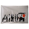 A black stencil-style evolution sequence ends at a counter with a bright red shirt on this horizontal Wall Rebel fabric wall flag.